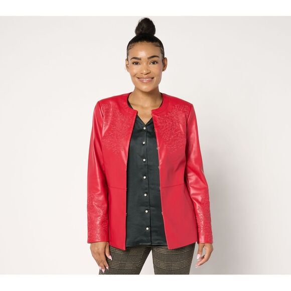 Isaac Mizrahi Live! Women's Jacket Sz L Embroidered Faux Leather Red A667732 - Picture 1 of 4